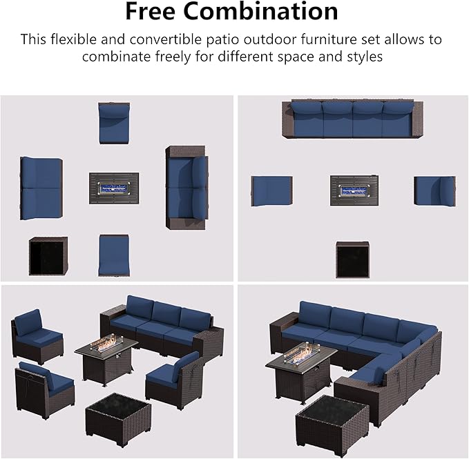 Patio Furniture Set Sofa 7-pcs Wicker Sectional Sofa Set with 55,000 BTU Gas Fireplace Table,Outdoor Furniture Rattan Sets with Tempered Glass Coffee Table