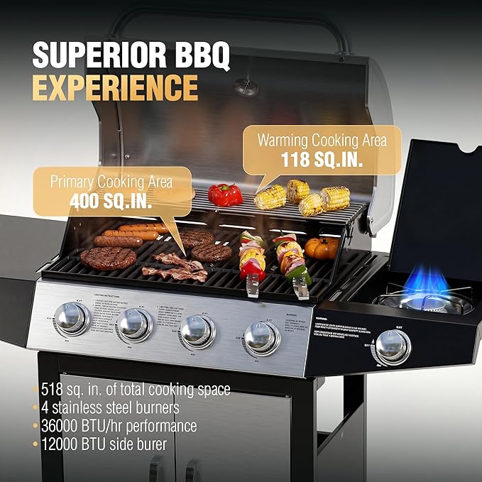 MASTER COOK 4+1 Burners Gas Grill, 518 Sqin Cooking Area, 52,000 BTU Propane Grill with Side Burner, Stainless Steel Cabinet Grill, Silver & Black
