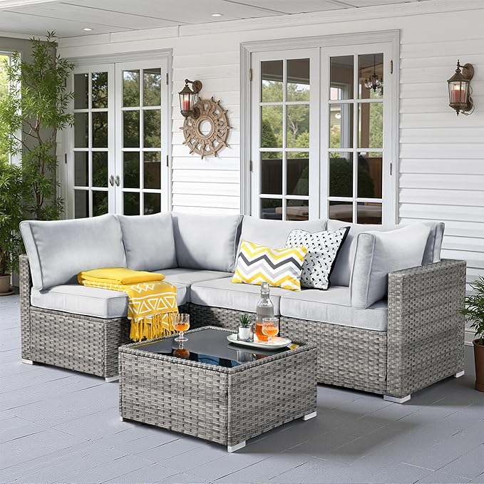5 PCS Outdoor Patio Furniture Sets,Wicker Weather Resistant Patio Conversation Set with Comfy Cushions,Modular L Shaped Sofa with Coffee Table for Yard Backyard Porch Garden Poolside,Light Grey