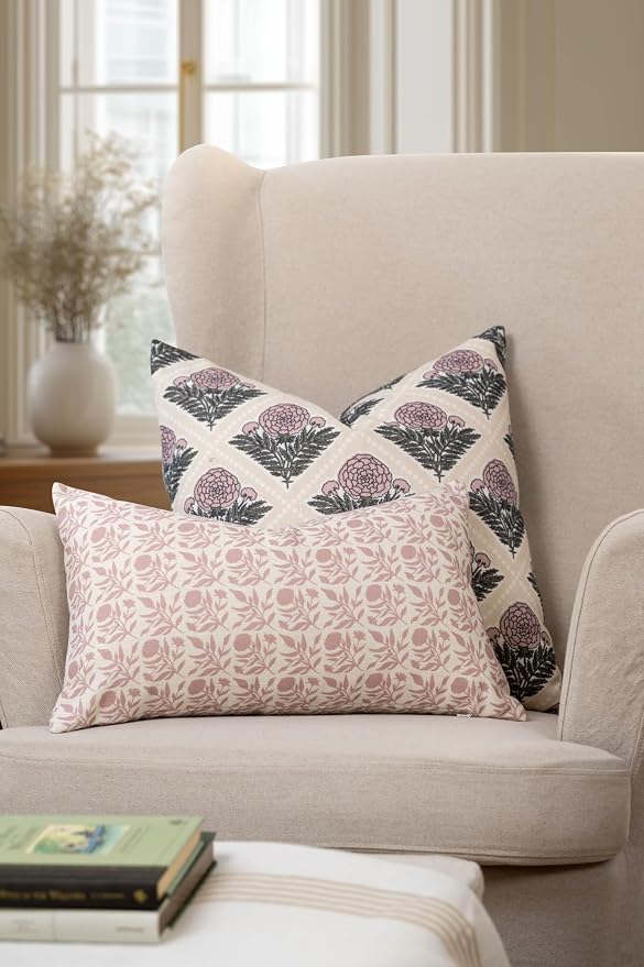 Crumbs Home Modern Farmhouse California Casual Indoor Outdoor Throw Pillow Cover, 20"x20" Water Repellent for Patio, Backyard, Couch, Earth Tone Dark Rose Tan Block Print Vintage Hydrangea Flowers