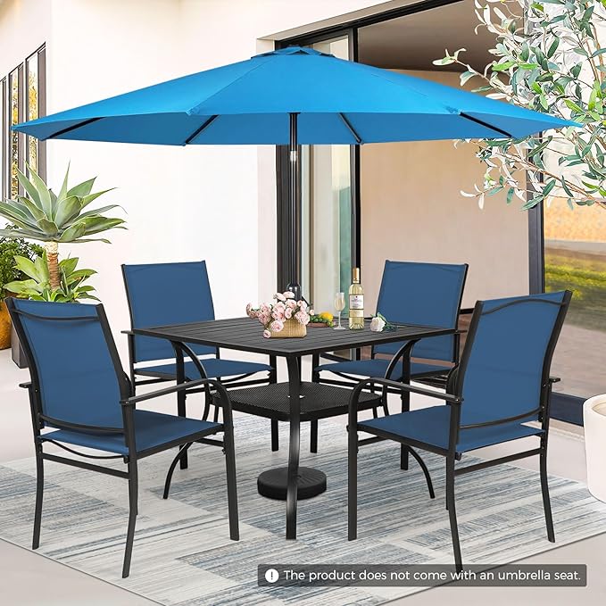 Incbruce 6 Pieces Paito Dining Set with Sky Blue Umbrella, Outdoor Metal Dining Set of 4 Textilene Chairs and Square Table with Umbrella Hole for Garden, Porch and Backyard (Blue)