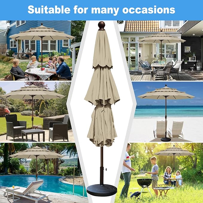 Eurmax USA 10-Year-Non-Fading 10FT 3-Tier Outdoor Patio Market Umbrella,UPF50+ UV Resistant,Heavy Duty Commercial Grade,Crank Lift Design,Windproof Vented Top for Garden,Pool,Deck,Antique Beige