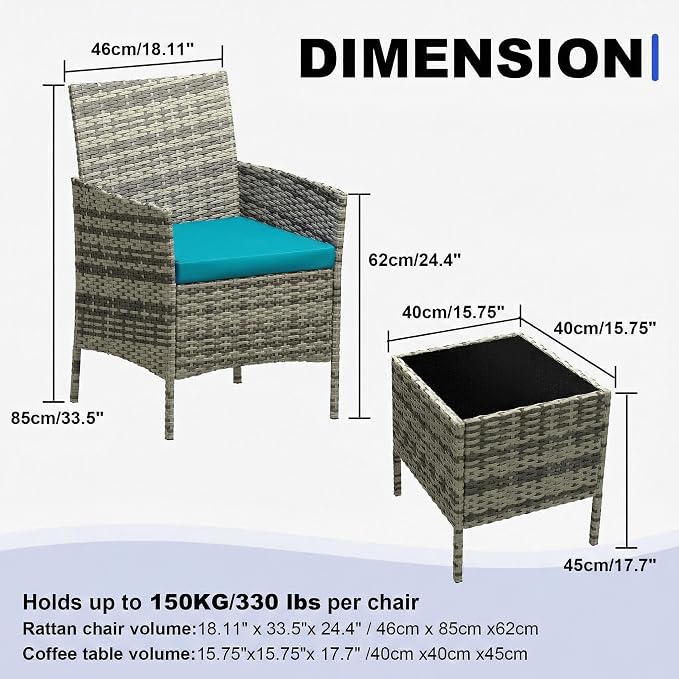 GarveeLife 3 Piece Patio Furniture Set, Rattan Outdoor Furniture with 2 Chairs & Coffee Table, Modern Outdoor Seating Conversation Bistro Set for Garden Backyard Porch (Grey and Peacock Blue)