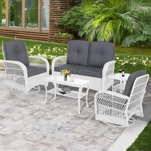 MEETWARM 5 Pieces Outdoor Patio Rattan Furniture Sets, All Weather Patio Wicker Conversation Set - 2 Rocking Swivel Chairs 1 Rattan Loveseat Glider with Cushions, 2 Coffee Table, White Wicker/Grey