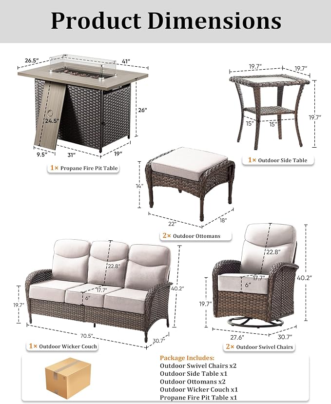 7-Piece Luxury Patio Furniture Set with 6-Inch Thick Cushions, High-Back Outdoor Sofa & Swivel Rocking Chairs with Wicker 42" Fire Pit, All-Weather Conversation Set for Porch, Deck, Yard – Beige