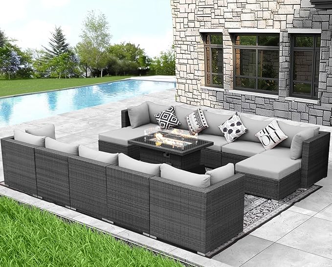 NICESOUL 13 Piece Patio Furniture w/Fireplace, Elegant Outdoor Seating w/Firepit, XL Size 29.3'' High Back Sectional Sofa, All-Weather Rattan Deck Couch, Modular Sturdy Conversation Set, Light Gray