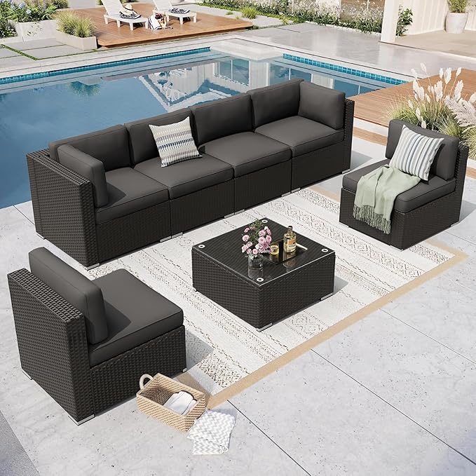7 Pieces Outdoor Patio Furniture Set, Black Brown Wicker Patio Sectional Sofa Set, Outdoor Couch with Cushion and Tempered Glass Table, Grey