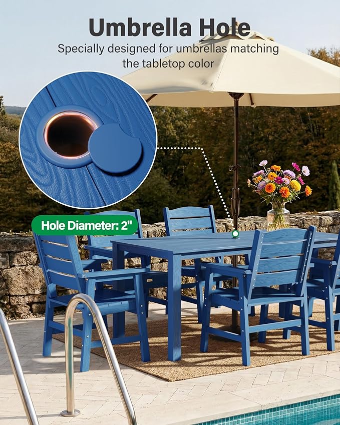 YEFU HIPS Patio Dining Sets: 7-Piece All-Weather Outdoor Table and Chairs with Umbrella Hole - Low-Maintenance Patio Dining Set for 6 Modern Furniture with Aluminum Frame for Family with Deck Blue