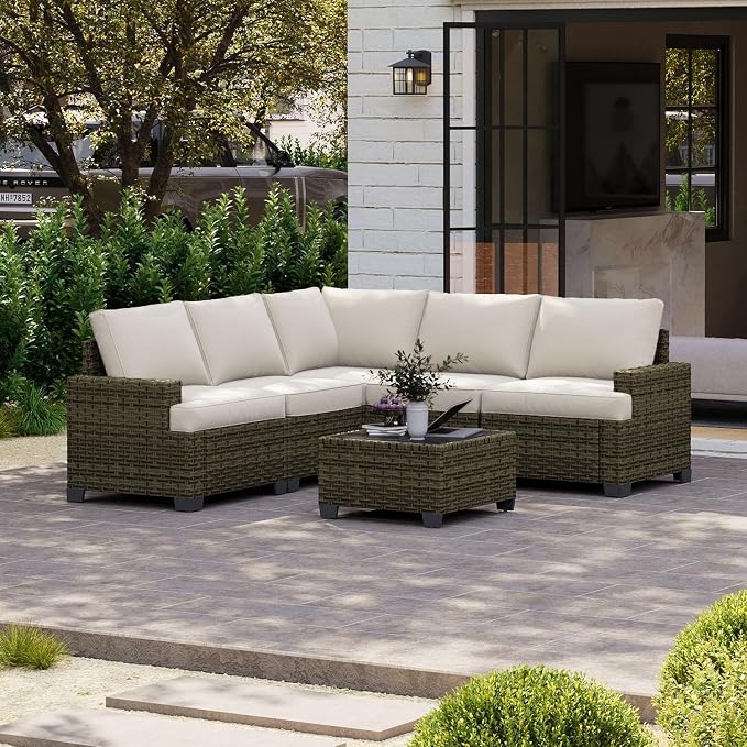 LazySunsets Luxury Patio Furniture Set, All-Weather Patio Sectional Sofas with Thickened Cushions, 6 Piece Outdoor Furniture Set, Beige