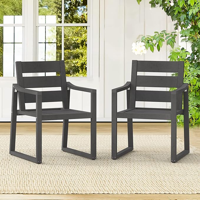 Cozyman HDPS Outdoor Dining Chairs Set of 8, 350 LBS, Patio Dining Chairs with Armrest, All Weather Outdoor Kitchen Chairs with Square Frame Legs for Outdoor Indoor, Lawn, Garden, Backyard, Dark Gray