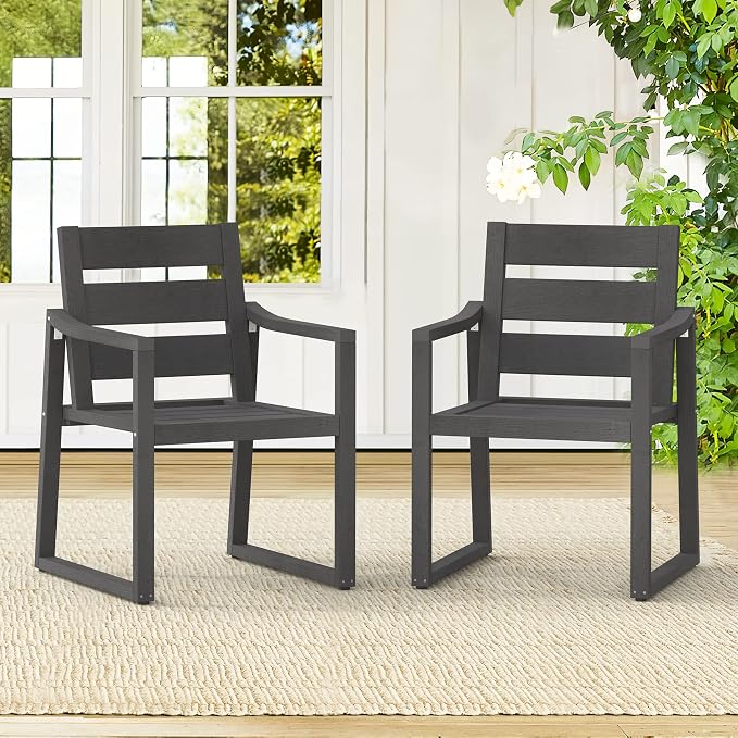 Cozyman HDPS Patio Dining Chairs Set of 2, 350LBS, with Armrest, All Weather Kitchen Chairs with Square Frame Legs for Indoor Outdoor, Lawn, Garden, Backyard, Dark Gray