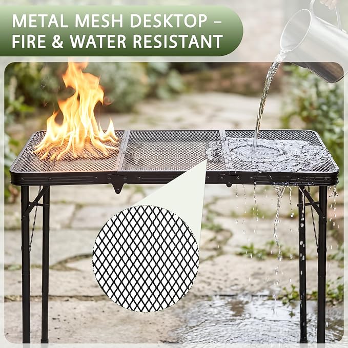 Folding Grill Table, 34"x16" Portable Camping Table with Storage Pocket, Heat Resistant & Waterproof Outdoor Picnic Table, Sturdy Lightweight for Travel Cooking BBQ, Camping, Backyard