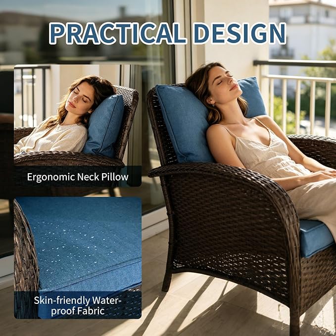 Outdoor Swivel Rocker Patio Chairs (Brown Wicker/Blue Cushion, 7PC/Sofa & Swivel & Chair &2 Table)
