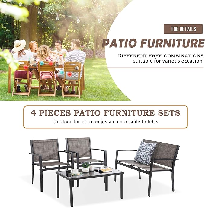 Vongrasig 4 Piece Outdoor Patio Furniture Sets, Modern Textilene Bistro Set Patio Conversation Set with Loveseat, Glass Tea Table for Home Lawn Balcony Porch Backyard(Brown)