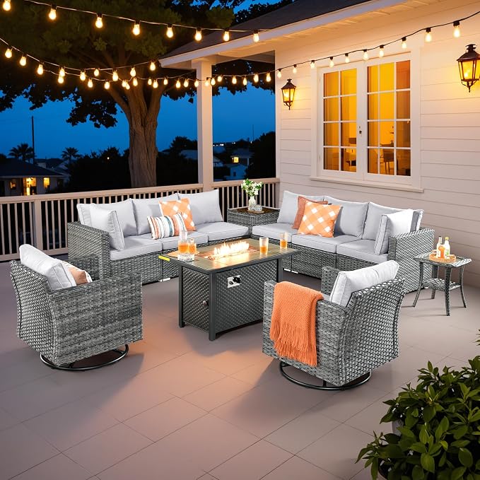 Weaxty 11 Piece Patio Furniture Set with Fire Pit Table, Outdoor Sectional Couch Swivel Rocker Patio Chairs with Coffee Table Wicker Conversation Sets for Balcony Backyard, Light Gray