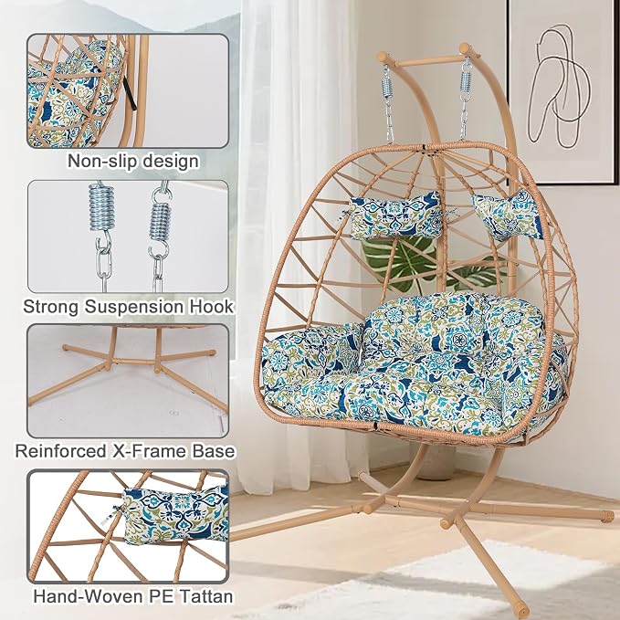 Double Egg-Shaped Hammock Chair, Swing Egg Chair, Wicker Hanging Chair with Removable Washable Cushion