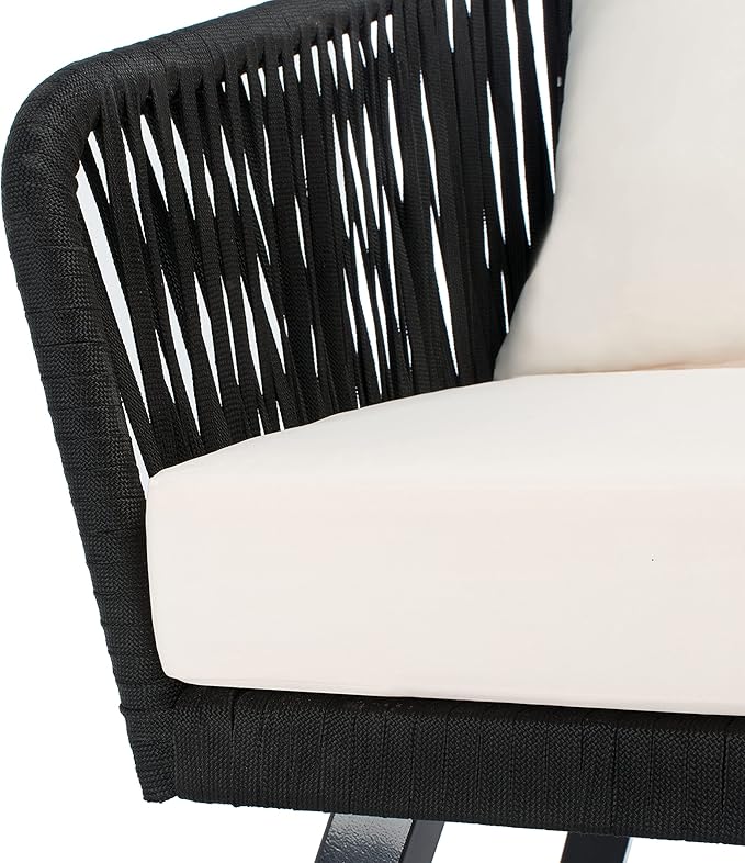 Safavieh Outdoor Collection Jorda Wicker Cushion 4-Piece Rope Patio Backyard Living Set PAT7518B, Black/Beige