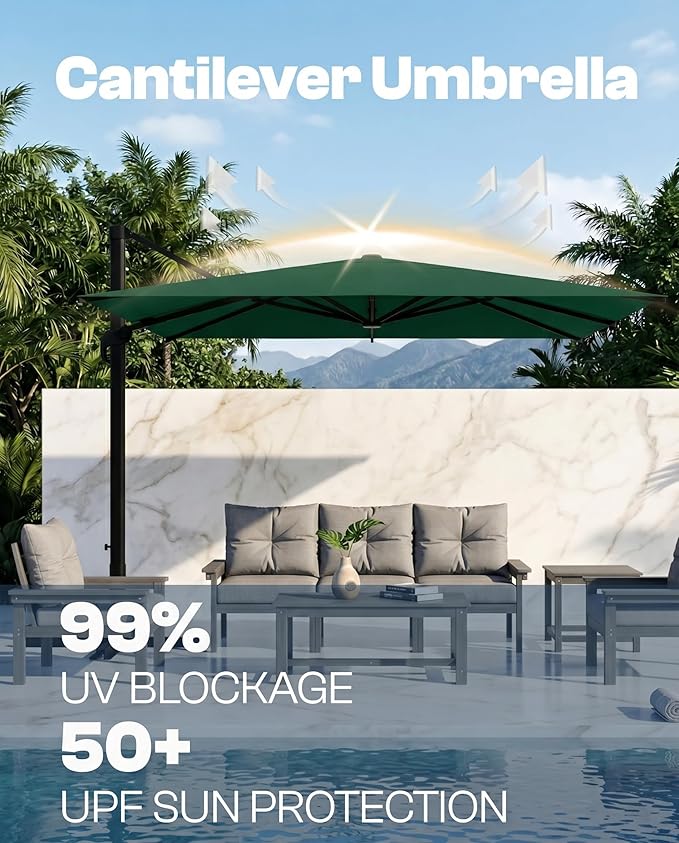 8x8 FT Square Cantilever Umbrella,Easy Tilt, Fade Resistant & 360° Rotation, Offset for Pool Deck Backyard Patiodark green (Base not Included)