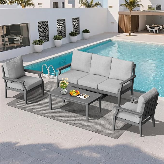 HDPE Patio Conversation Set, 6-Piece All Weather Outdoor Furniture Set with 2 Single Armchairs for Deck, Lawn, with Cushion, Gray