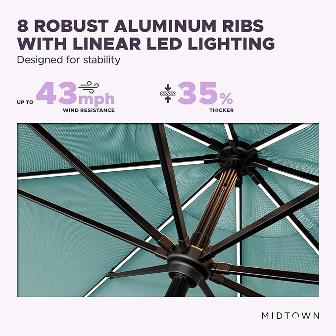 Midtown Umbrellas The LED Swilt 10 Feet Patio Umbrella With Terylast Seawater (Aqua) Polyester Fabric - Auto-Tilt Aluminum Frame With LED Lights For Backyard, Deck, Garden, Pool - Black Pole