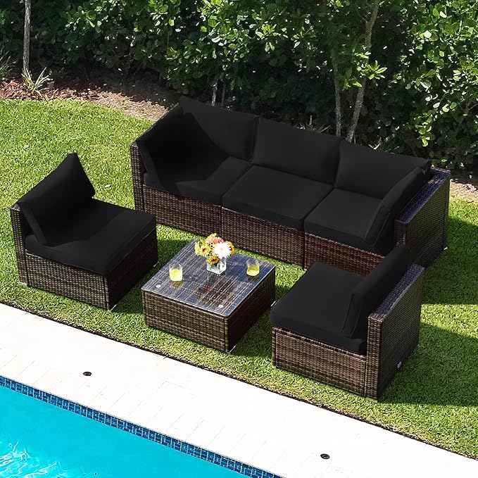 Tangkula 6 Pieces Patio Furniture Set, Outdoor Wicker Conversation Set with Glass Coffee Table, Wicker Sofa Set with Back & Seat Cushions, Rattan Sectional Conversation Couch Set for Backyard Garden