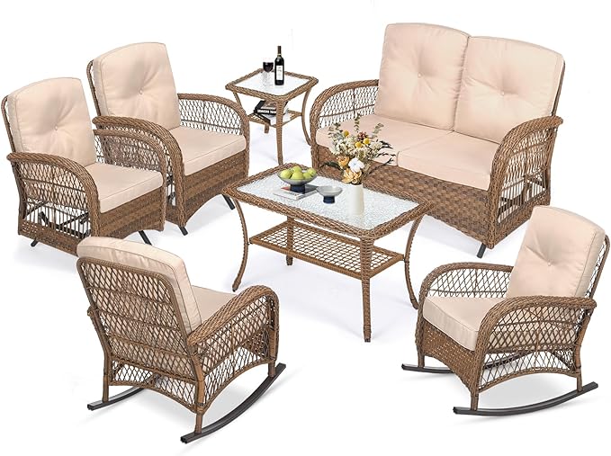 MEETWARM 7-Piece Outdoor Wicker Patio Conversation Set With Glider Loveseat, 4 Chairs, 2 Glass-Top Coffee Tables, Rocking Glider Set, Thickened Cushions, Beige