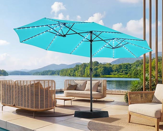 SUPERJARE 15ft Large Patio Umbrella with Base included, Double Sided Outdoor Umbrella with Solar Lights, Pool Umbrella with Fade Resistant Canopy for Deck, Porch, Yard, Balcony, Light Blue