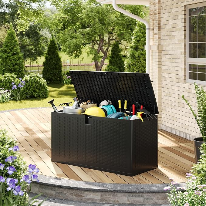 IDEALHOUSE 73 Gallon Resin Deck Box, Waterproof Outdoor Storage Box with Lockable Lid & UV Resistant, Patio Furniture Cushion Storage Container for Garden, Backyard, Poolside (Black)