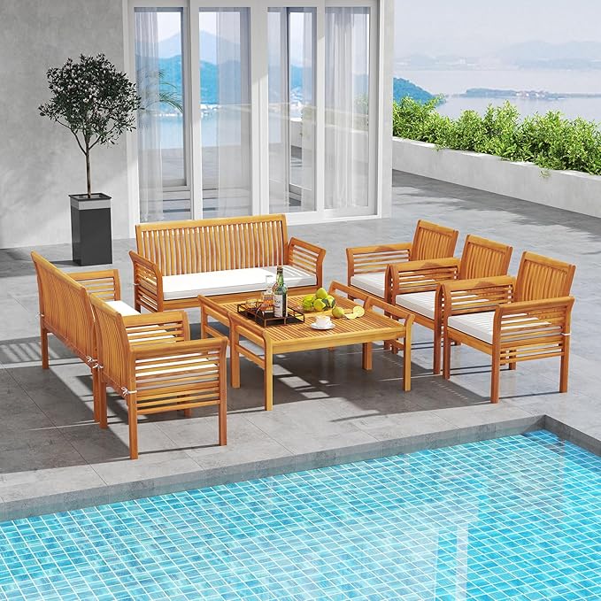 HAPPYGRILL 8 Pieces Acacia Wood Patio Conversation Set, Outdoor Wood Furniture Set with Seat Cushions, Wicker Sofa Chairs & Coffee Table for Garden Poolside Deck (2)