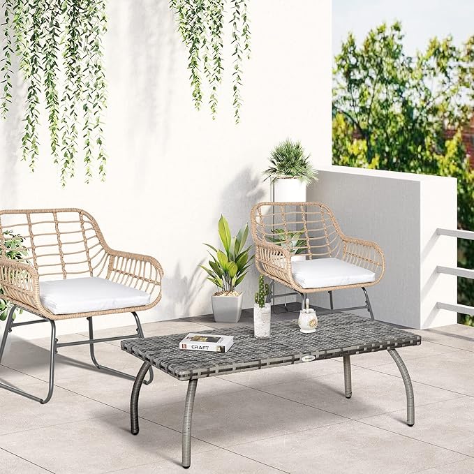 Outsunny Rattan Wicker Table PE, Coffee Table with All-Weather Material for Outdoor, Garden, Balcony, Backyard, Grey