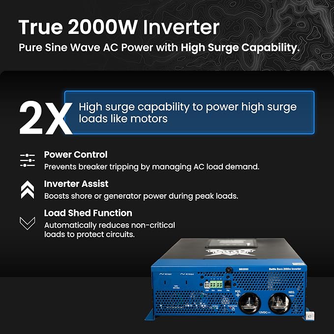 Battle Born 2000W Inverter - Pure Sine Wave AC Power with High Surge Capability - Built for RV, Marine, Solar, & Off-Grid Power Systems
