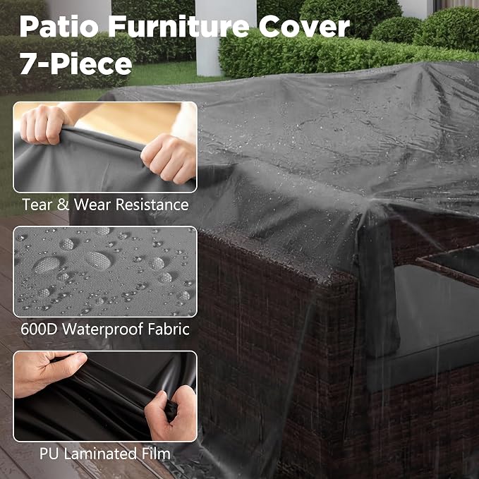 LHBcraft Patio Furniture Set with Rain Cover,7 Pieces Outdoor Wicker Rattan Patio Furniture, Wicker Rattan Outdoor Sectional Sofa Set with Coffee Table for Garden, Poolside Taupe-Grey