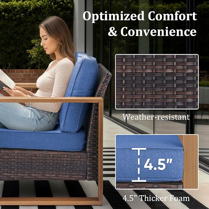 Patio Furniture Set with Fire Pit Table, 8-Piece Outdoor Wicker Sofa and 4 Swivel Chairs, All-Weather Conversation Set for Backyard, Deck and Poolside Blue