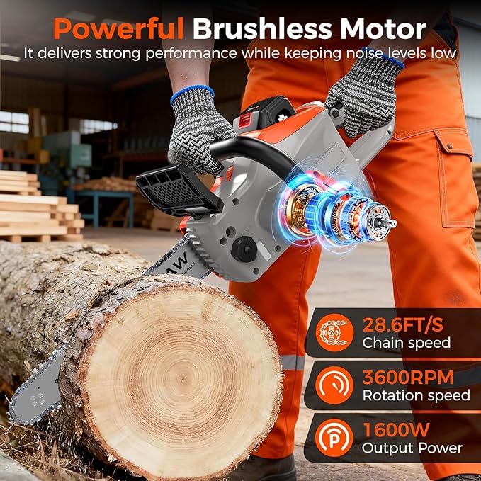 Battery Powered Chainsaw,12" & 16" Dual Guide Plate.21V Electric Cordless Chainsaw with 2 Batteries and Charger.Brushless Chain Saw Kit with Safety Goggles and Gloves for Tree Pruning and Wood Cutting