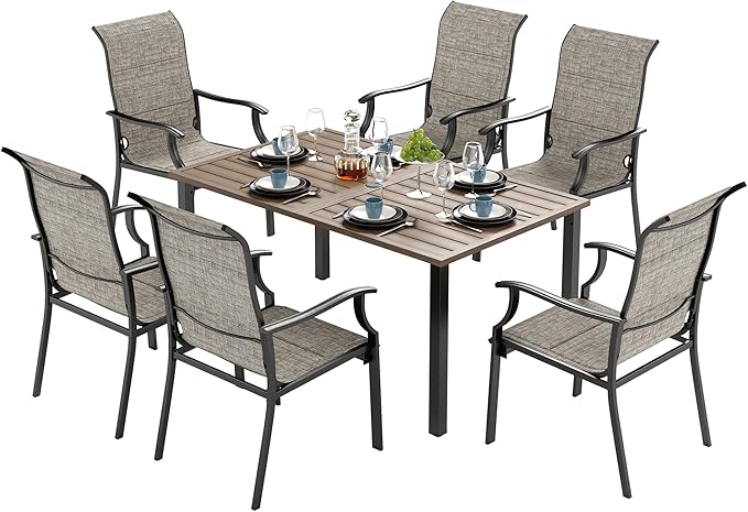 SUNSHINE VALLEY 7 Piece Outdoor Dining Set for 6, Outdoor Table and Chairs Set for 6 with 1 Patio Dining Table(1.61"-2" Hole) and 6 Textilene Patio Chairs, Patio Dining Set for Deck Backyard