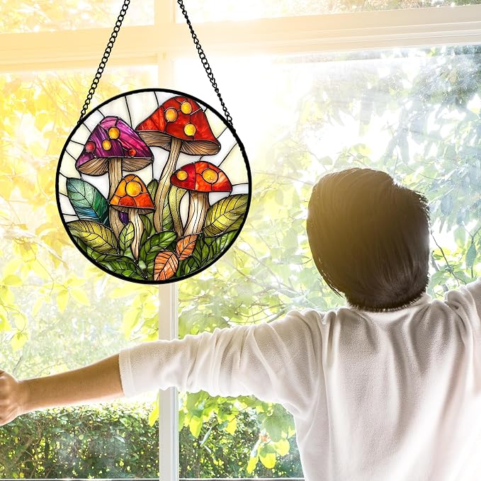 DASTOLL Stained Glass Window Hanging, Mushroom Leaves Suncatcher for Doors Home Sun Catchers Decoration and Christmas, Mother's Day Birthday Gifts for Women, Men, and Mom 7.8 in