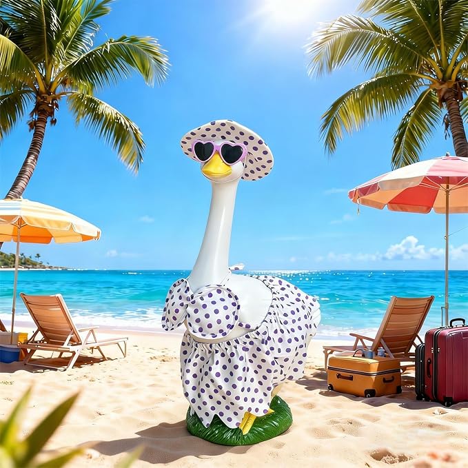 Large Porch Goose Statue Decor - 20″ Porch Goose Resin with Purple Summer Bikini Outfits, Garden Decor Lawn Goose Figurine, Indoor Outdoor Yard Decor, Unique Housewarming Birthday Gifts for Mom Women
