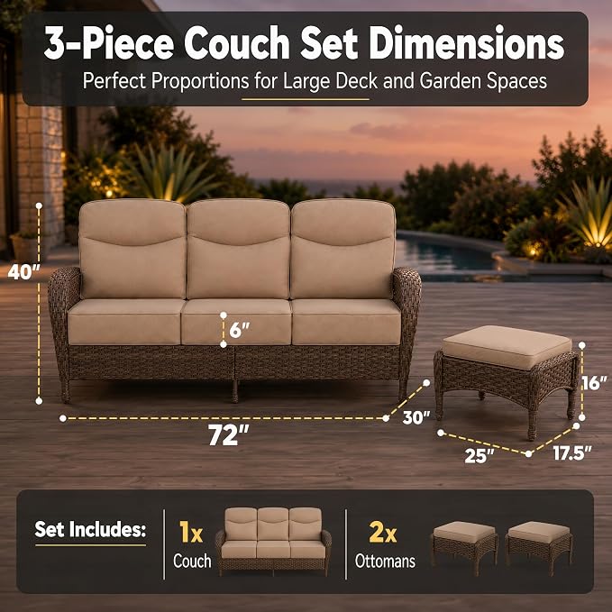 HUMMUH Outdoor Couch with 6-inch Thick Cushion, Luxury High Back Patio Furniture Set -Patio Sofa with Ottomans,3PCS Wicker Conversation Set for Deck Yard and Porch