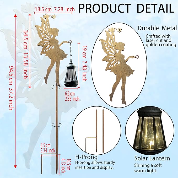 Solar Fairy Garden Decor, Outdoor Metal Fairy Statues with Stakes, Waterproof Garden Ornament for Patio, Lawn, Yard, Housewarming Gift for Gardening Mom & Grandma