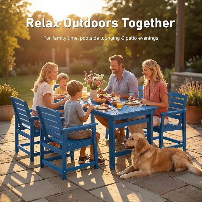 Furnimart 5-Piece Outdoor Dining Set, 67" HDPE Dining Table and Chairs for 4, All-Weather Patio Dining Set with Umbrella Hole, Outdoor Furniture Set for Backyard, Garden, Lawn & Poolside, Blue