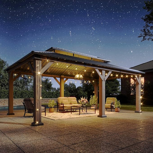 Aoxun 12' x 20' Outdoor Wood Gazebo, Hardtop Gazebo Permanent Wooden Pavilion with Galvanized Steel Double Roof, and LED Outdoor Waterproof Hanging Lights, for Patio, Garden, Deck, Cedar Wood