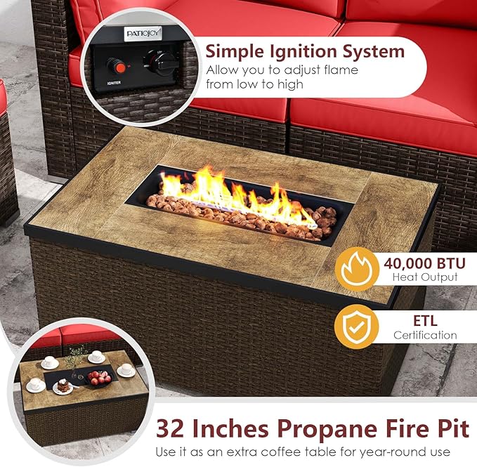 Tangkula 7 Pieces Outdoor Sectional Sofa Set Set with 32” Fire Pit Table and Propane Tank Cover, for Deck, Garden and Backyard, Fire Pit Protective Cover Included (Red)