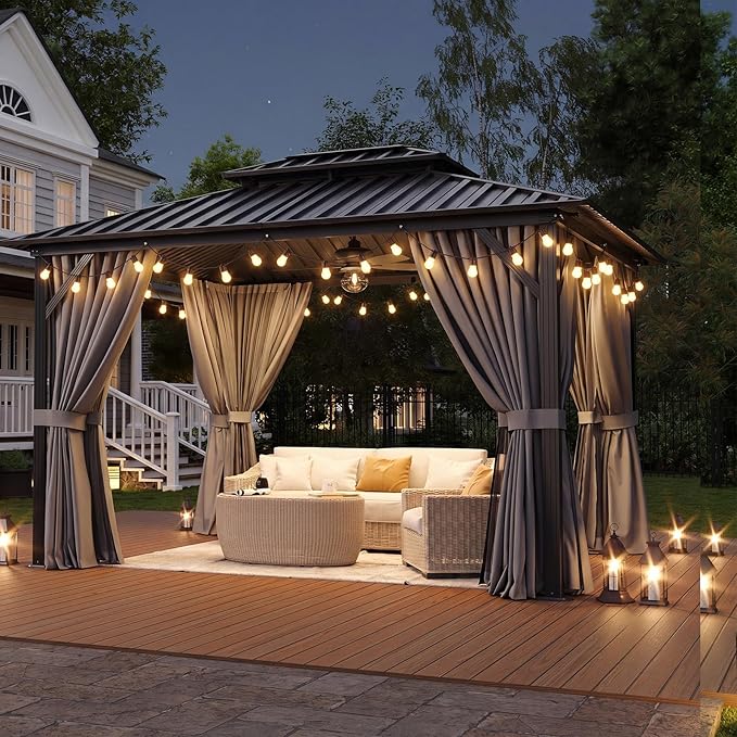 Aoxun 10Ft X 10Ft Hardtop Gazebo, Aluminum Metal Outdoor Gazebo with Breathable Netting and Curtains, Galvanized Steel Double Top, Permanent Patio Pavilion for Backyard, Wedding, Party