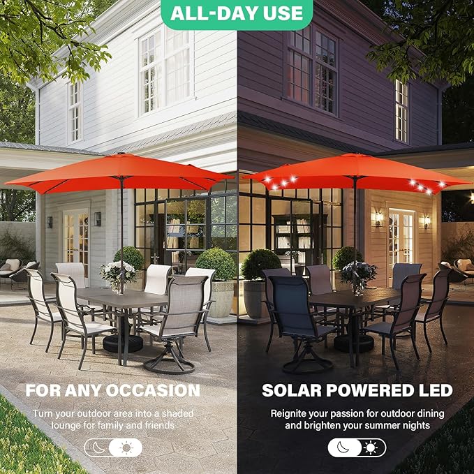 JEAREY 8x10 ft Rectangular LED Lighted Patio Umbrellas Outdoor Solar Table Market Umbrella w/Crank, 8 Sturdy Ribs, UV Protection Waterproof Sunproof(Orange)