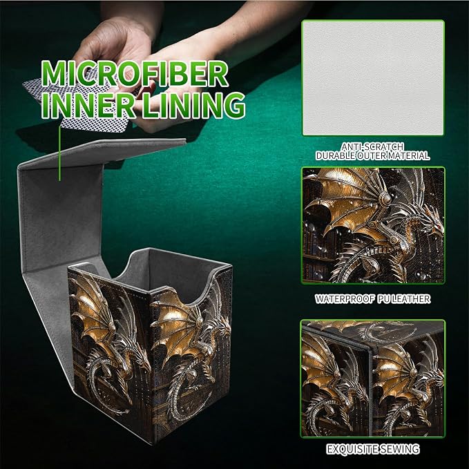 Mechanical Dragon Card Deck Box for MTG, Personalized Card Storage Case Fits 120+ Sleeved Cards, Premium Leather TCG Box with Strong Magnetic Closure for Magic, CCG, PTCG, Baseball Cards
