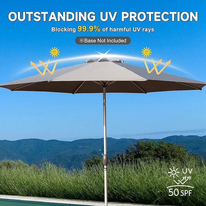 Domi 9FT Patio Umbrella Outdoor Market Umbrella with Silver Aluminum Pole, UV Resistant Canopy, Wind Vent, Tilt & Crank System, Perfect for Patio, Garden, Deck, Pool, Outdoor Dining, Gray