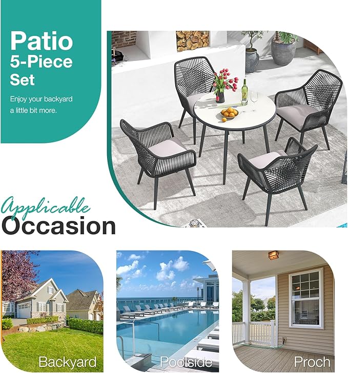 Patiorama 5-Piece Patio Dining Set, Outdoor Dining Table Chair Set, All-Weather Twisted Rattan Wicker Rope Conversation Set,Patio Furniture Set w/Umbrella Hole,Cushioned Chairs&Table(Black&Cross Back)
