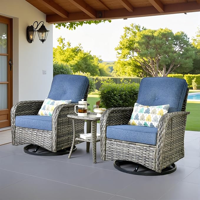Weaxty Outdoor Swivel Rocker Patio Chairs, 3 Pieces Patio Furniture Set with Rocking Chair and Wicker Side Table, Outdoor Furniture Conversation Set for Porch, Deck, Yard, Balcony, Denim Blue
