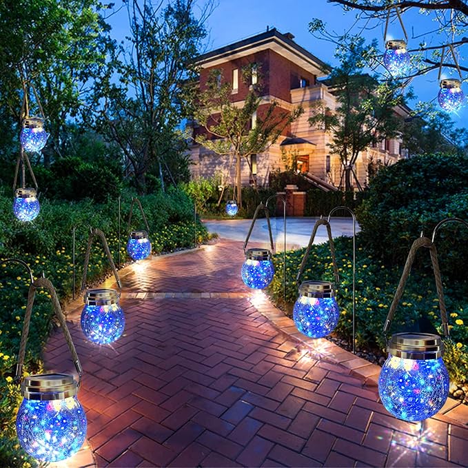 Hang Outdoor Solar Lights Waterproof, 30LED Cracked Glass Ball Decorative Lanterns, Solar Powered Landscape with Handle for Tree Yard Patio Fence House Holiday Decor, Birthday Gift for Women