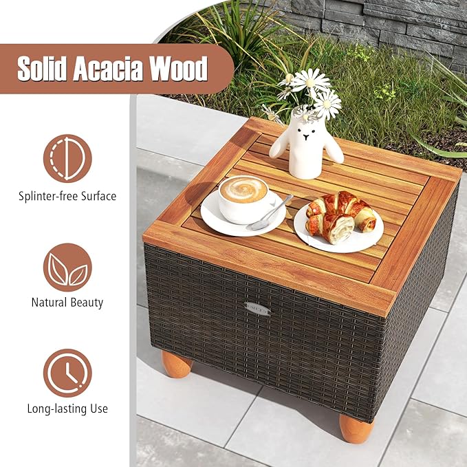Tangkula 3-Piece Patio Furniture Set, Patiojoy Outdoor PE Wicker Bistro Set with Soft Cushions and Solid Acacia Wood, Outdoor Conversation Set with Porch, Balcony and Garden (Gray)
